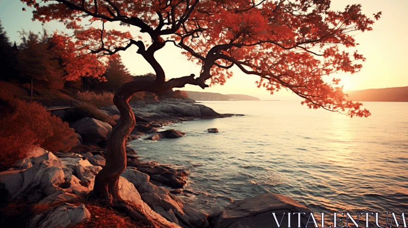 Captivating Tree on the Edge of Water with Red Leaves AI Image