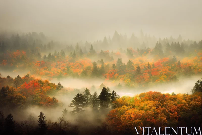 Enchanting Autumn Forest in Fog: Captivating Landscape Photography AI Image