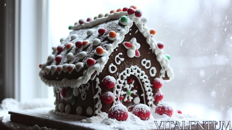 Enchanting Gingerbread House with Snow and Candies AI Image