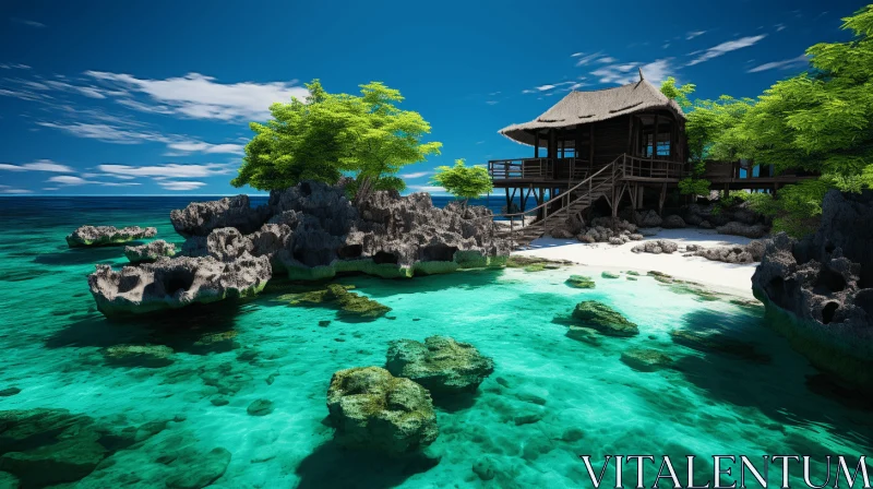 Enchanting Island Scenery: A 3D Rendering of Serene Paradise AI Image