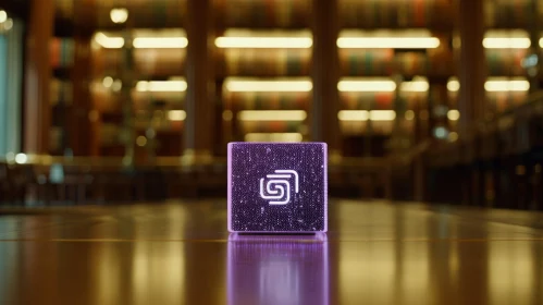 Glowing Purple Cube Illustration in a Library Setting