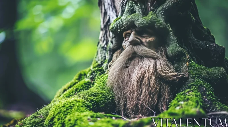 Mystical Tree Trunk with Mossy Face in Enchanting Forest AI Image