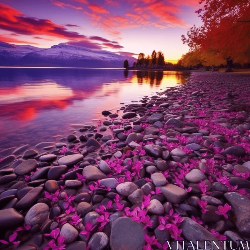 Pink Flowers on Rocks at Sunset: A Mesmerizing Display of Vibrant Colors AI Image