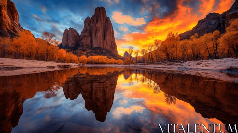 Reflections under Autumn Sky at Zion National Park: Surrealistic Fantasy Landscape AI Image