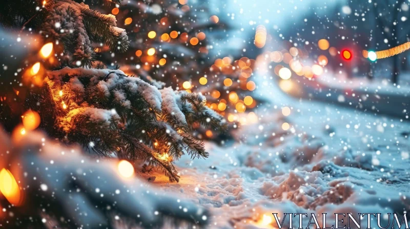 Snow-Covered Fir Tree Branch with Yellow Lights: A Majestic Winter Scene AI Image