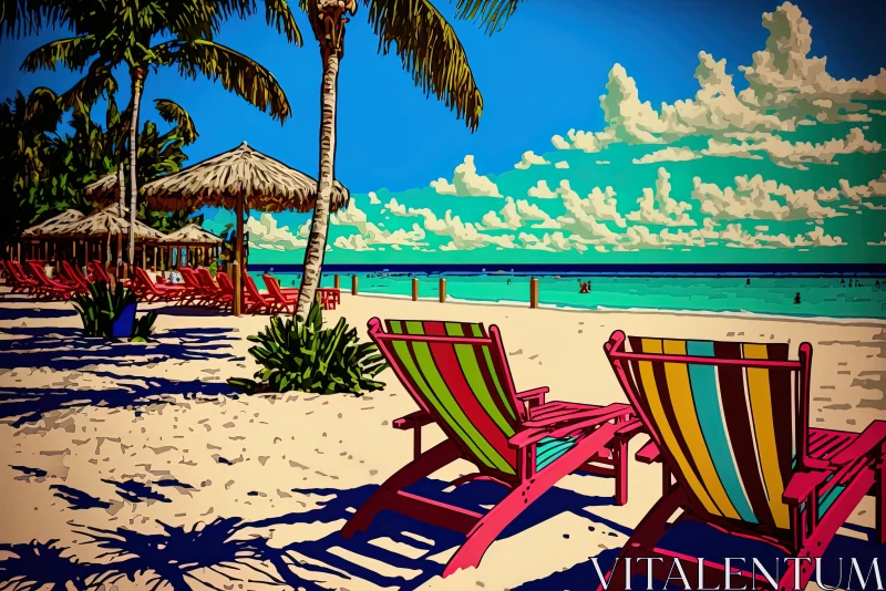 Vibrant Tropical Beach with Colorful Pop Art Illustrations AI Image