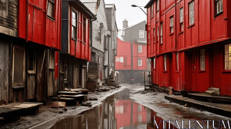 Captivating Red Buildings on Misty Street | Contemporary Canadian Art AI Image