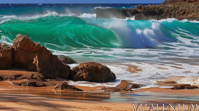 Captivating Wave Crashing Against Rocky Shore AI Image