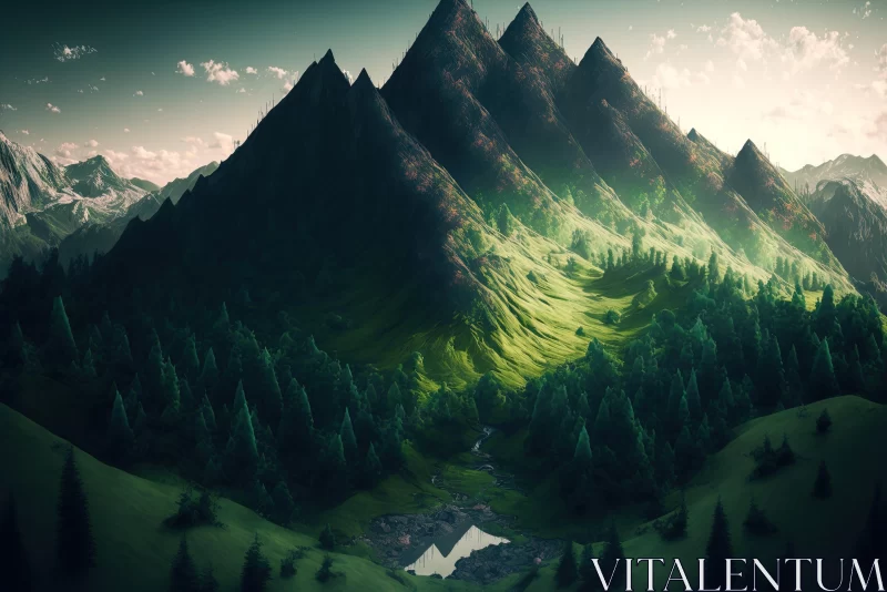 Dark Emerald Digital Landscape Wallpaper with Mountains and Trees AI Image
