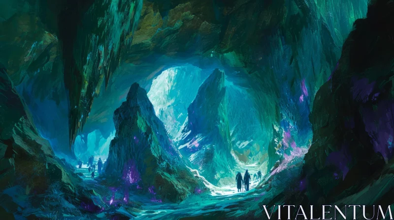 Enigmatic Fantasy Painting of People Exploring a Glowing Cave AI Image