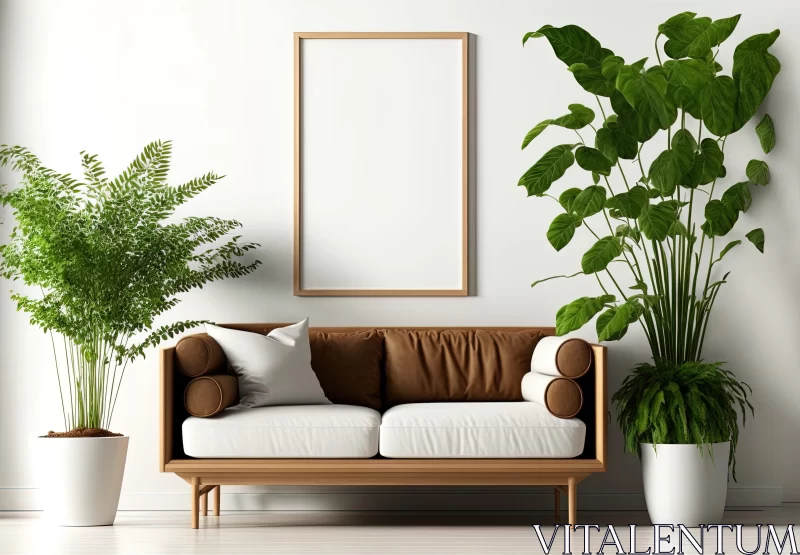 Minimalistic Apartment with Couch and Plants in Front of Wall - 3D Rendered AI Image
