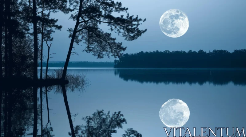 Night Landscape with Moonlit Lake and Forest AI Image