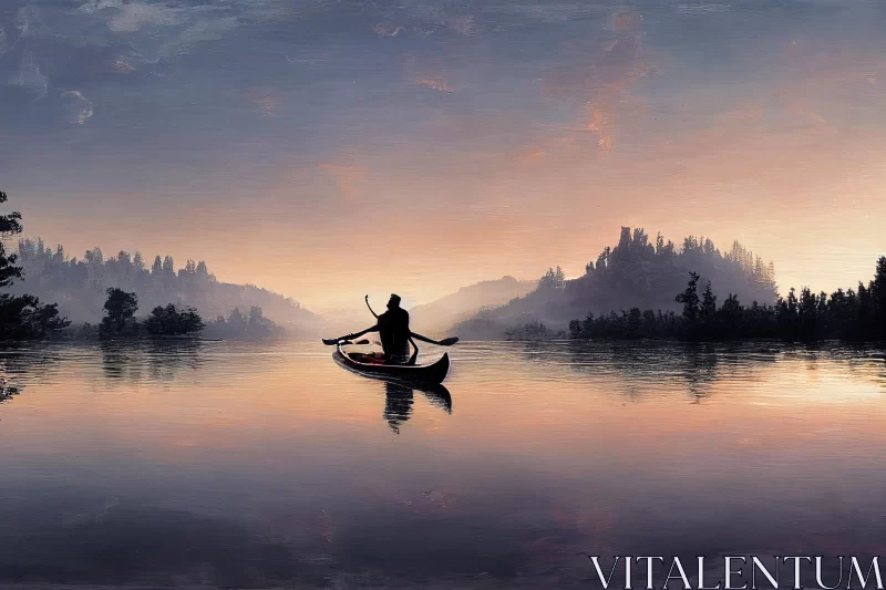 Peaceful Morning: Serene Digital Art Painting of a Man in a Canoe on a Lake AI Image