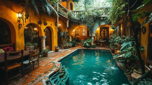 Serene Courtyard with Swimming Pool and Lush Greenery