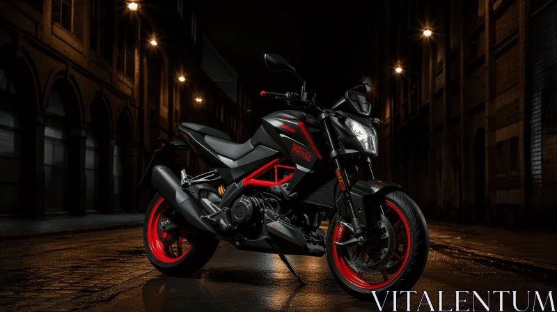 Black Motorcycle with Red Stripe in a Dark Alley | Dynamic Movement and Energy AI Image