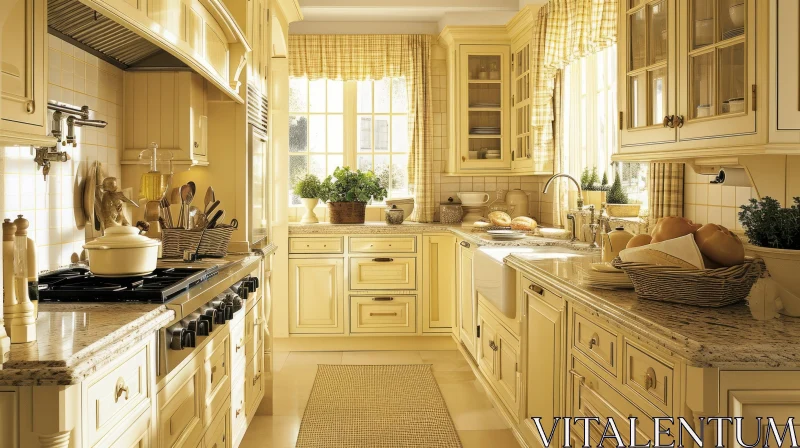 Classic Design Kitchen with Yellow Cabinets and Garden View AI Image