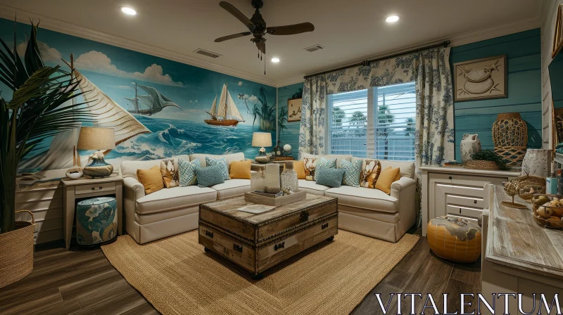 AI ART Coastal Living Room with Ocean Mural and Sailboat Painting