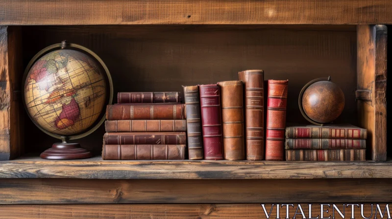 Dark Wooden Shelf with Books and Globes - A Captivating Artwork AI Image