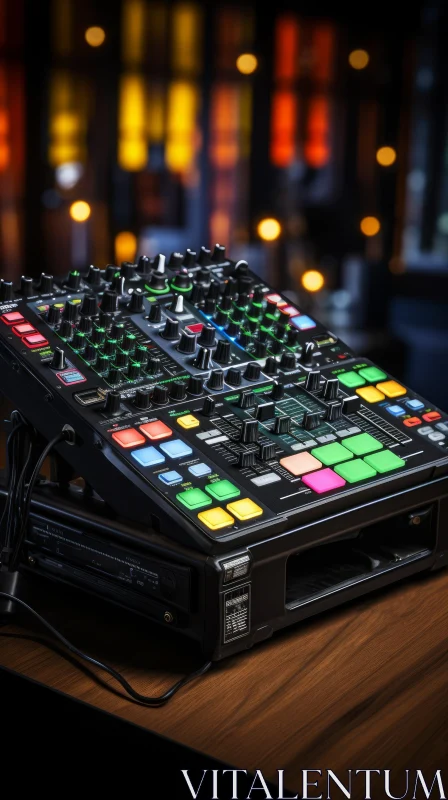 Sleek Black DJ Mixer on Wooden Table AI Image