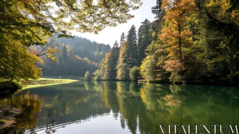 Tranquil Autumn Landscape: Calm Lake with Reflecting Trees AI Image