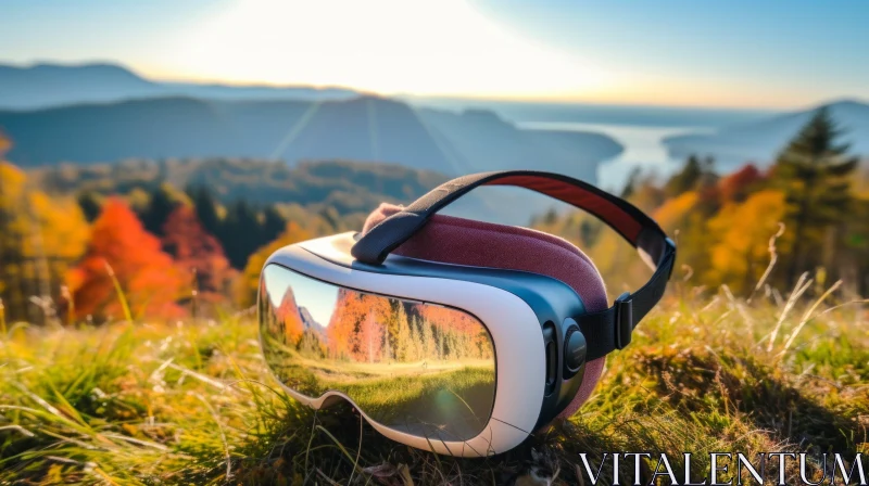 Virtual Reality Headset in Serene Mountain Landscape AI Image
