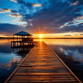 Captivating Sunset: Wooden Pier Leading into Tranquil Lake