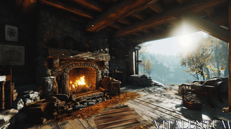 Cozy Cabin Interior: A Digital Rendering of Warmth and Tranquility AI Image
