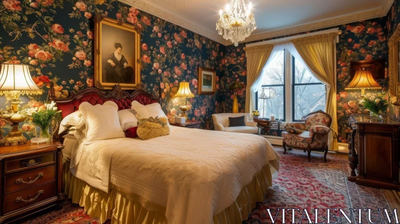 Elegant Classic Style Bedroom with Floral Wallpaper and Crystal Chandelier AI Image
