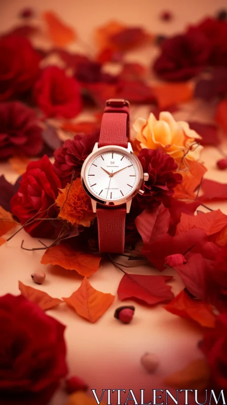 Elegant Wristwatch on Autumn Bed - Metal & Leather AI Image