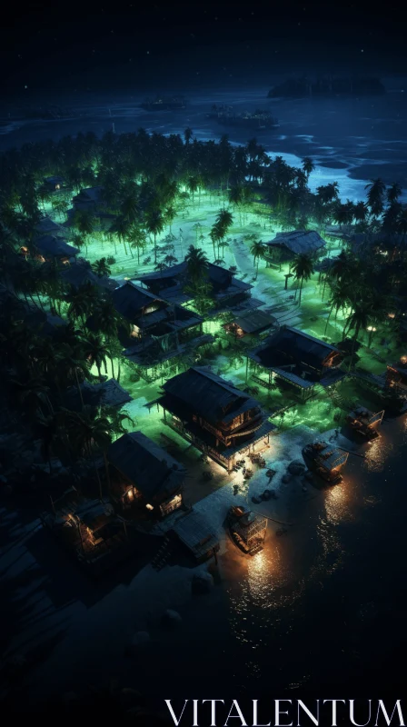 Enigmatic Tropics: A Captivating Aerial View of a Night Village AI Image