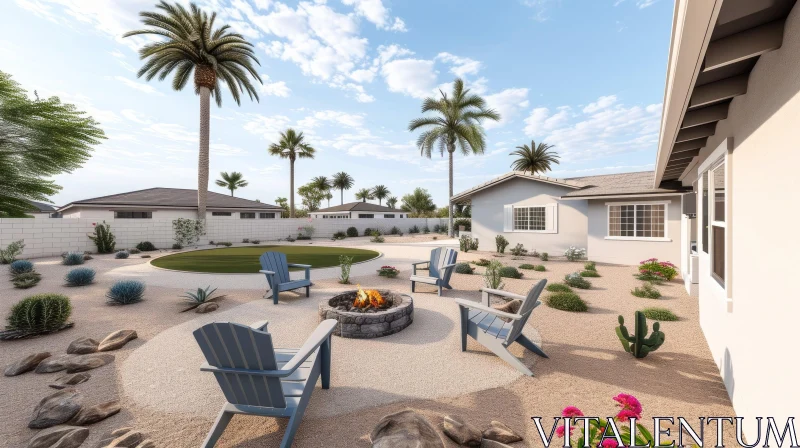 Tranquil Backyard with Fire Pit and Desert Landscaping AI Image