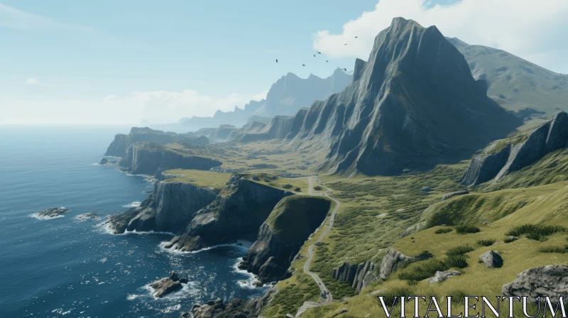 Captivating 3D Video of Lush Green Mountains and Serene Coastline AI Image