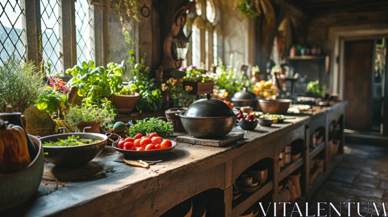 Captivating Kitchen Scene: Fresh Ingredients and Sunlit Space AI Image