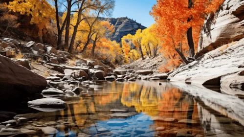Captivating Spring Creek in a Canyon with Vibrant Orange Trees