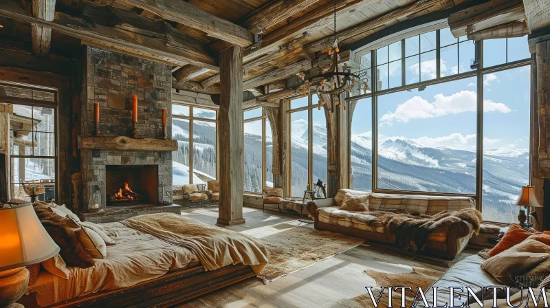 Luxurious Rustic Master Bedroom with Fireplace and Mountain View AI Image