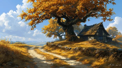 Serene Landscape Painting of an Autumn Cottage in a Valley