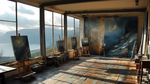 Art Studio Overlooking the Sea | Sunlit Room | Paintings and Easels