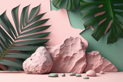 Artistic Pink Background with Palm Leaves and Green Rocks