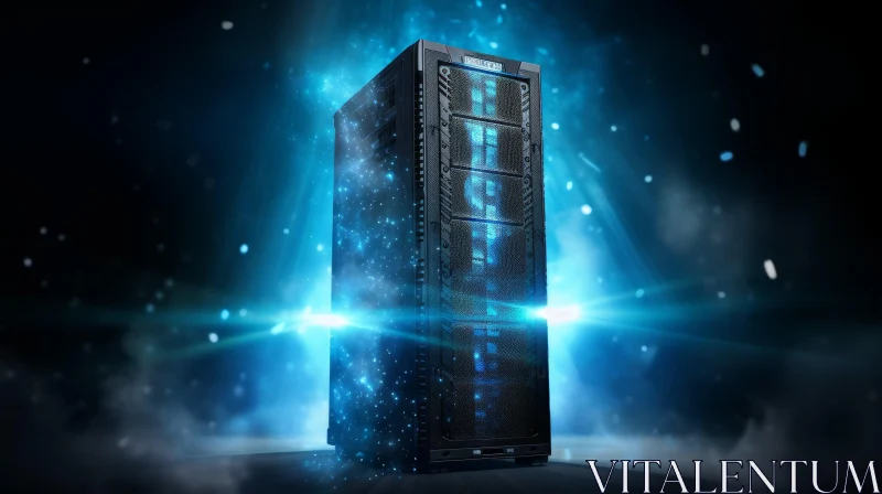 Blue Glowing Server Tower on Dark Blue Background AI Image