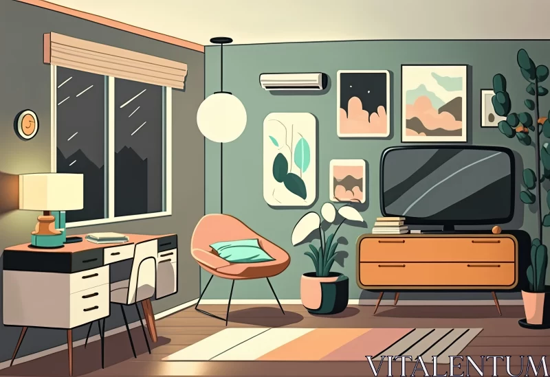 Charming Cartoon Living Room with Retro Filters and Midcentury Modern Vibes AI Image