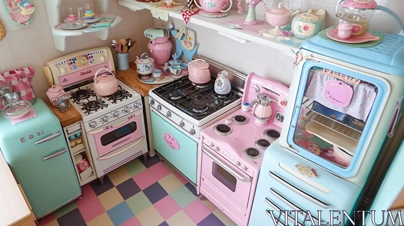 Charming Retro Kitchen with Pink and Blue Appliances AI Image