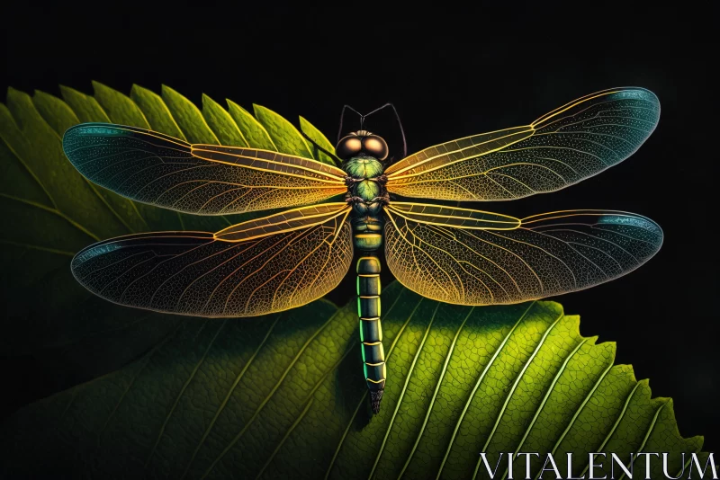 Dragonfly on Leaf: Captivating and Vibrant Hyper-Realistic Animal Illustration AI Image