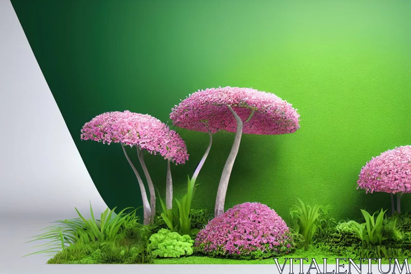 Enchanting 3D Render of Pink Plants on Green Background AI Image