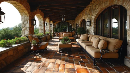 Mediterranean-style Terrace with Stone Columns and Arched Openings