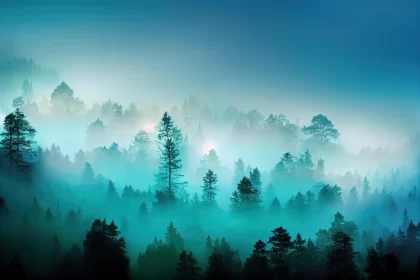Mystical Forest: Enchanting Foggy Evening with Turquoise and Emerald Tones