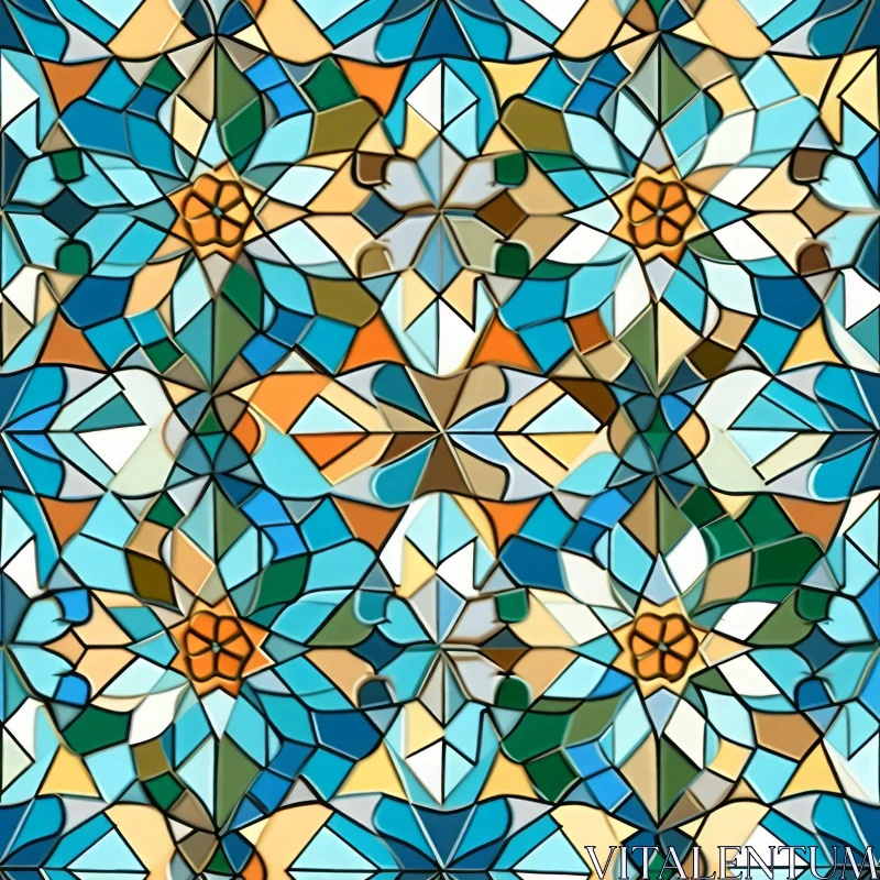 Seamless Stained Glass Mosaic Pattern - Geometric Shapes in Blue, Green, Yellow, Orange AI Image