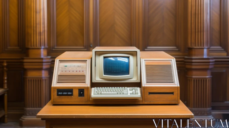 Vintage 1970s Beige Computer on Wooden Table AI Image