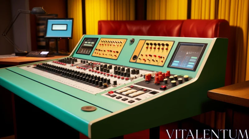 AI ART Vintage Green Mixing Console with Buttons and Computer Monitor