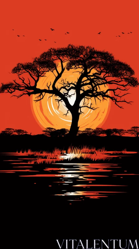 Captivating African Savannah Sunset with Tree and Birds AI Image