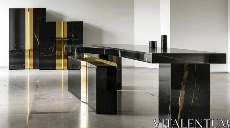 Contemporary Dining Room with Black Marble Table and Gold Accents AI Image